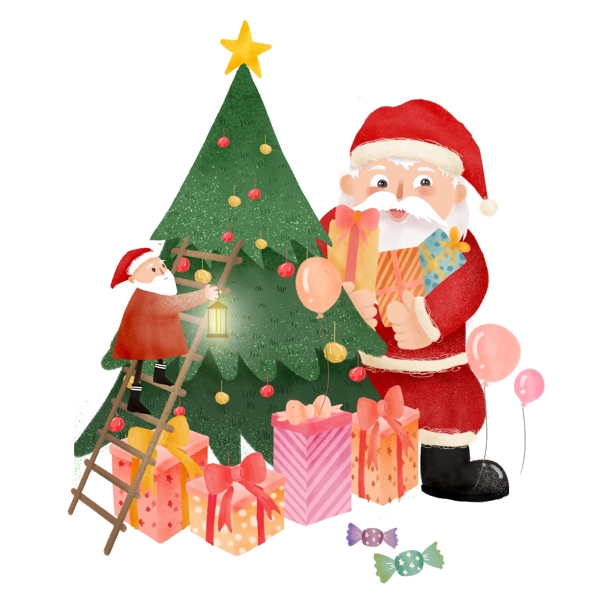 手绘卡通圣诞老人装饰圣诞树原创元素