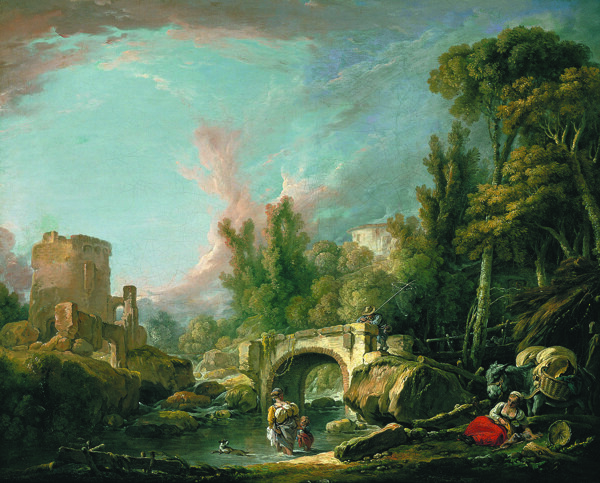 FrancoisBoucherRiverLandscapewithRuinandBridge1762画家古典画古典建筑古典景物装饰画油画