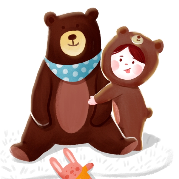 快乐儿童节小熊和小女孩插画设计