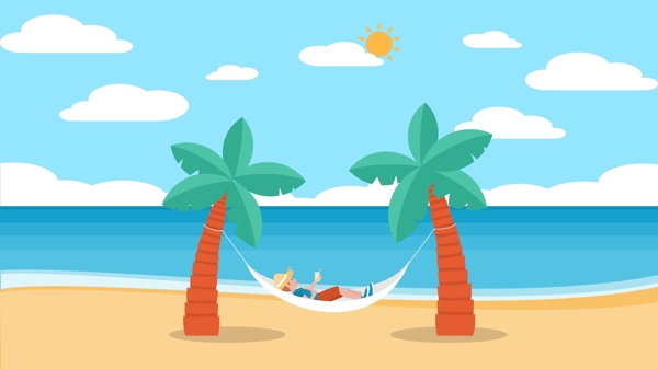 夏天蓝天白云沙滩海边度假矢量插画
