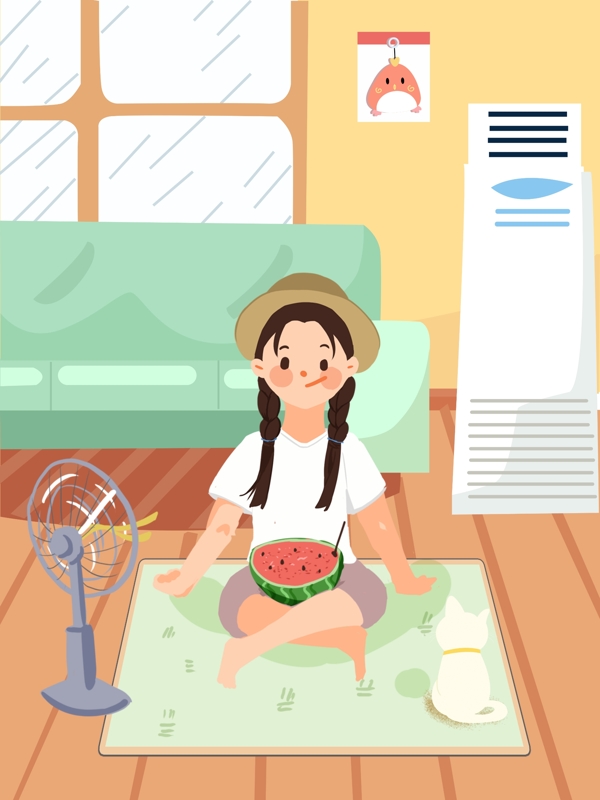 大暑时节热天气女孩吃瓜的插画