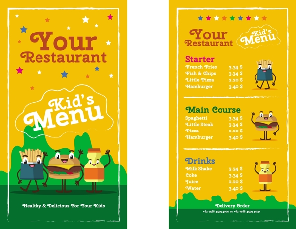 在平面设计中有有趣角色的彩色儿童菜单