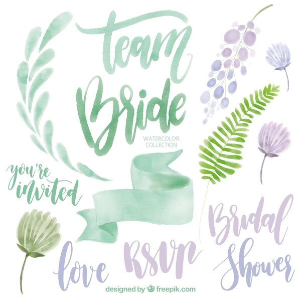 收集绿色和紫调的水彩婚礼元素