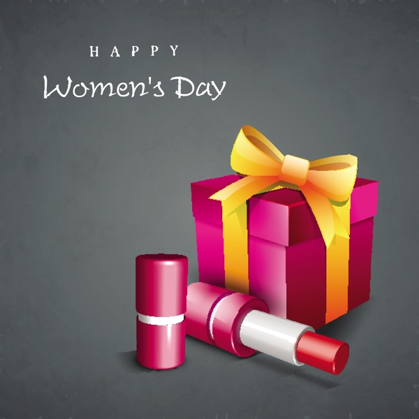 三八妇女节贺卡或海报粉红色的礼品盒口红在灰色的背景设计