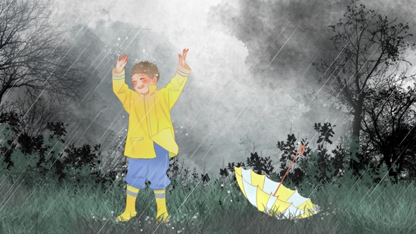 小清新夏天雨天在草地上淋雨玩耍的小孩