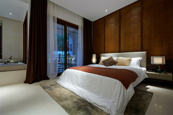 卧室床实木墙壁现代