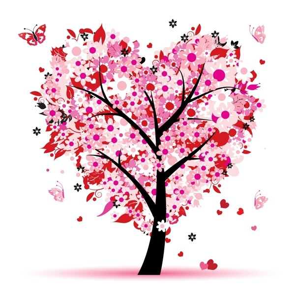 粉色爱心树花纹树蝴蝶图片