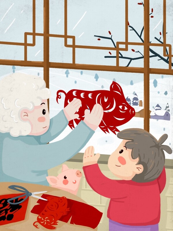 新年过年习俗儿童和奶奶一起贴窗花原创剪纸