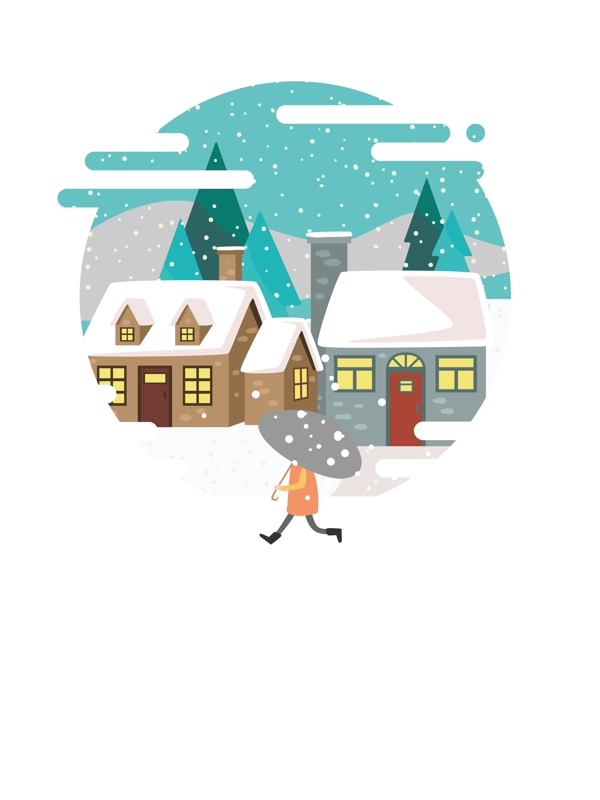 手绘卡通走在雪中的人冬季背景素材