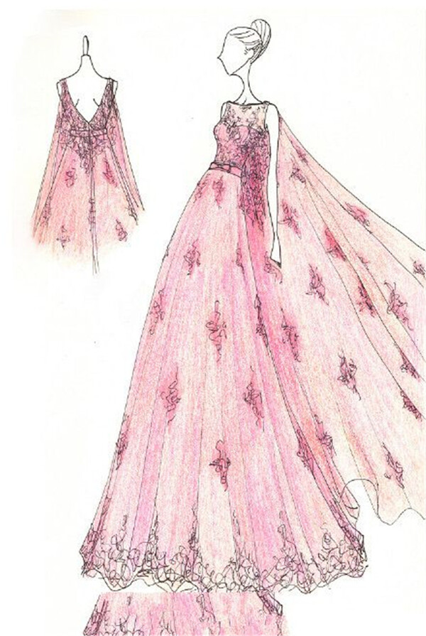 粉色花朵花边礼服设计图