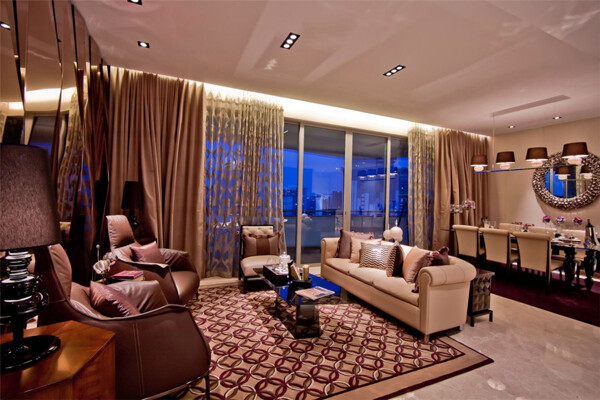 现代轻奢时尚客厅金色窗帘室内装修效果图