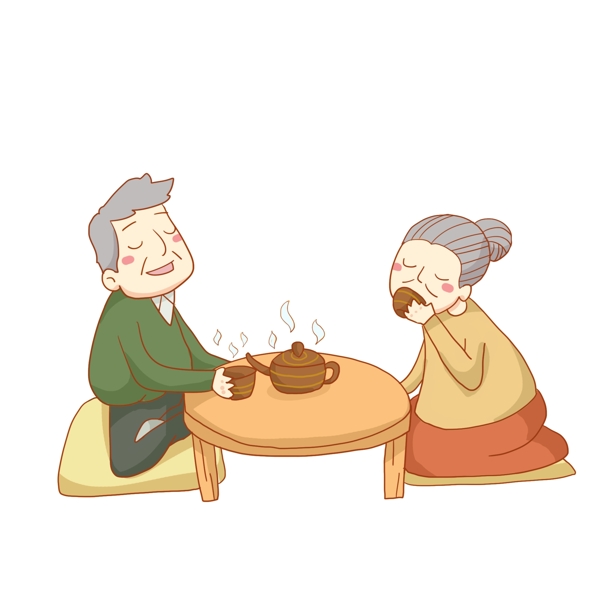 喝养生茶的爷爷奶奶免抠PNG素材