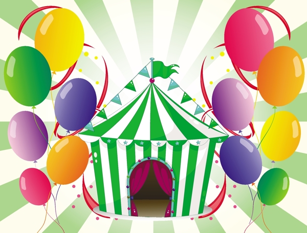在白色背景的彩色气球的中心画一个绿色马戏团帐篷