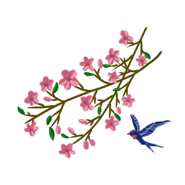 春天桃花树枝和燕子PNG