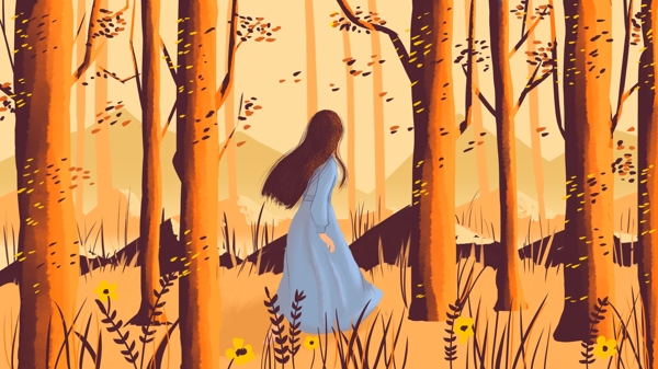 秋分节气原创插画森林中的女孩