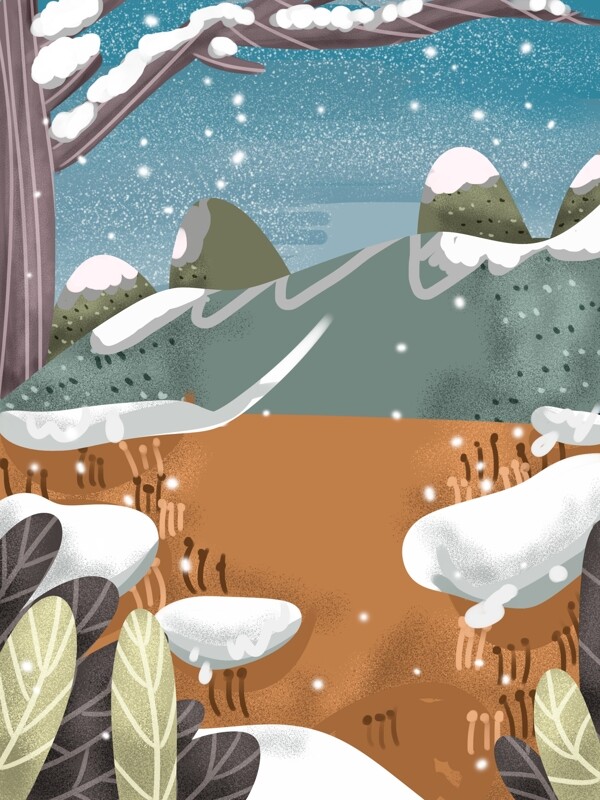 手绘冬季树林雪景背景设计