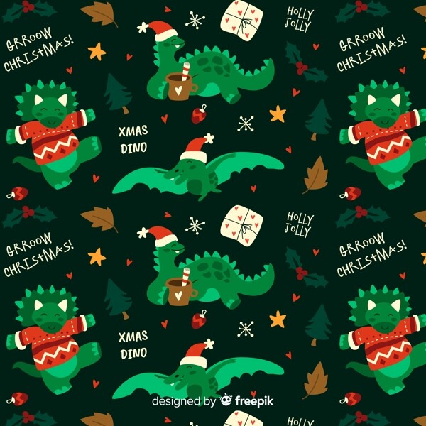 绿色圣诞恐龙无缝背景