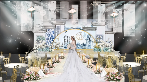 新中式婚礼效果图婚礼舞台手绘图片