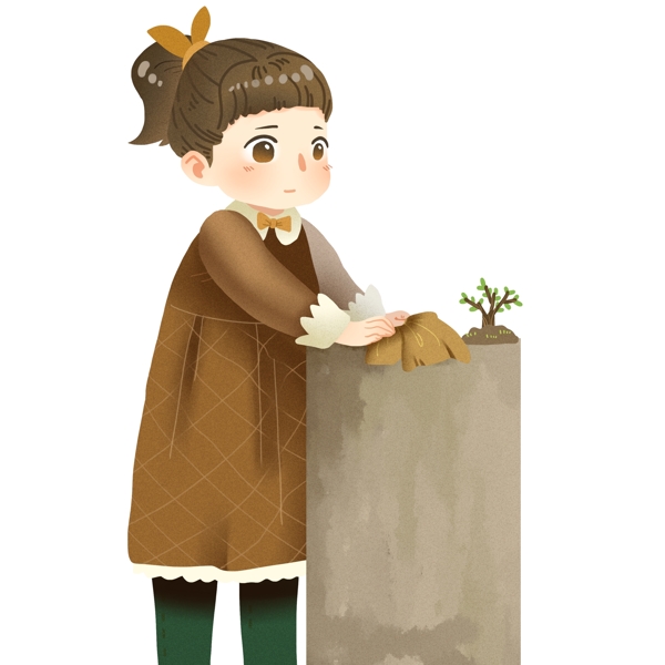 复古手绘一个扫墓的女孩子插画设计