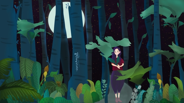 大暑月亮与女孩夜晚森林乘凉原创插画