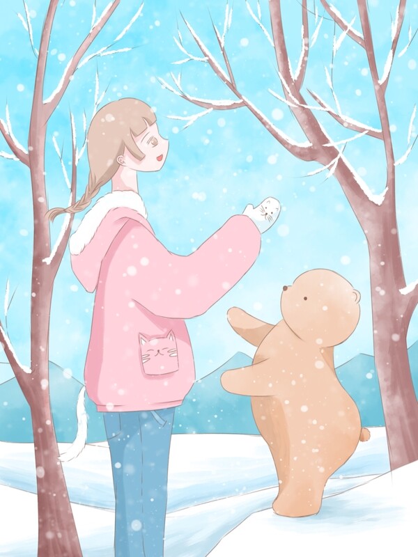 1月你好清新水彩插画小雪中的女孩和小熊
