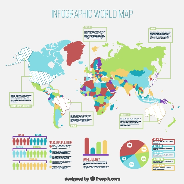 手绘世界地图信息图表矢量素材