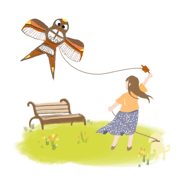卡通唯美手绘女孩宠物狗春天草地玩耍郊游放燕子风筝