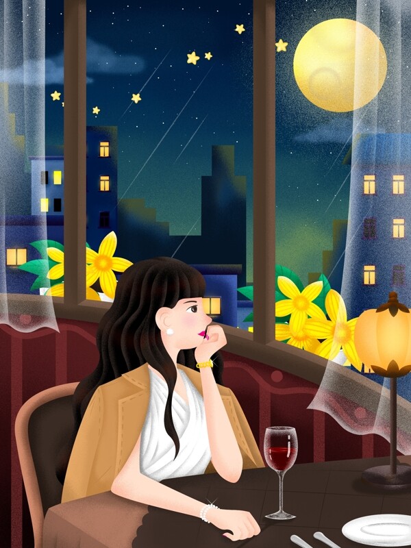 都市生活单身女性餐厅喝红酒插画