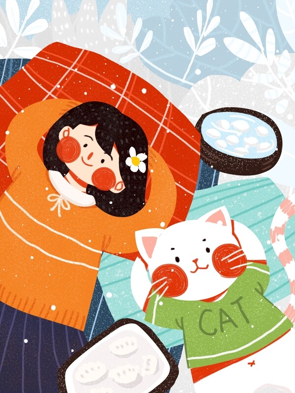 二十四节气冬至女孩猫汤圆饺子可爱原创插画
