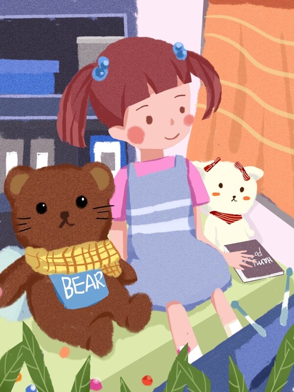 国际儿童日女孩和小熊看电视爱扁平风插画