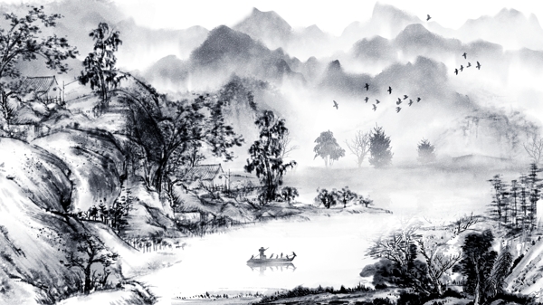 唯美古代中国水墨画山水画插画