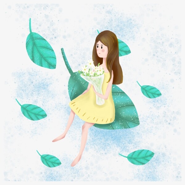 简约坐在树叶上的女孩插画海报免抠元素