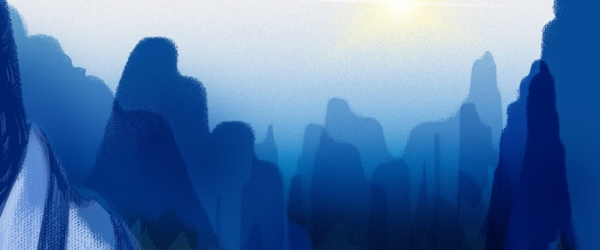 蓝色山峦植物阳光风景插画肌理背景