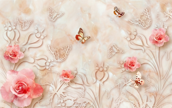 玫瑰蝴蝶电视背景壁画