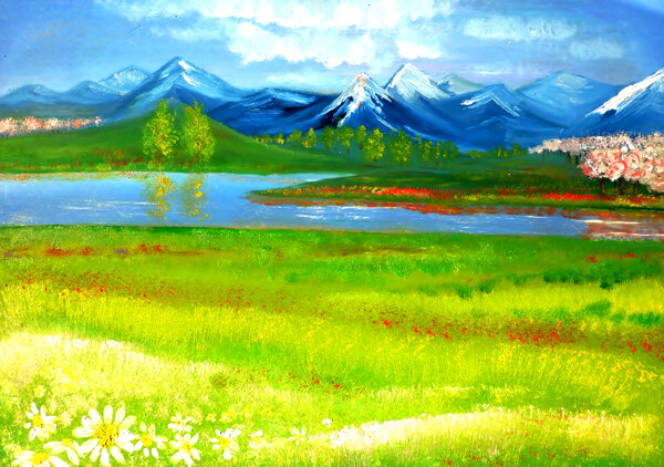 雪山湖泊油画图片
