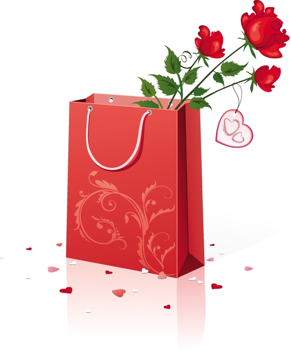 红色玫瑰与礼品袋