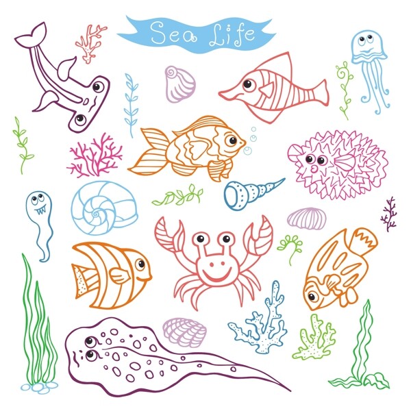 手绘卡通可爱的海洋生物插画