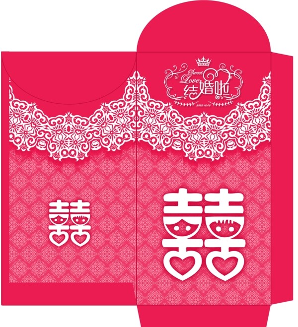 粉色蕾丝背景喜字婚礼红包设计