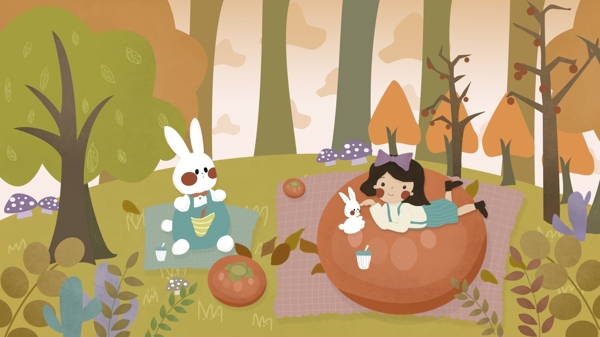 霜降时节女孩和兔子们在树林玩耍小清新插画