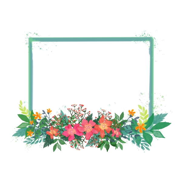 手绘植物叶子绿叶小花水彩水粉画边框可商用