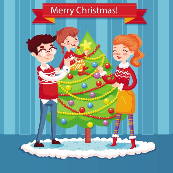 家庭圣诞树卡通元素