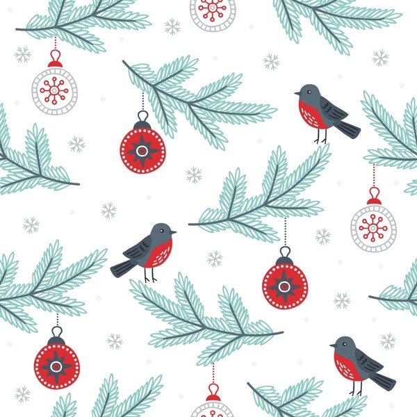 圣诞树枝小鸟可爱卡通矢量图背景素材