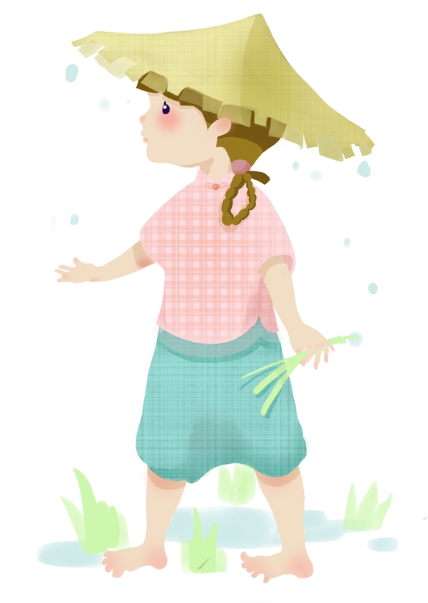 谷雨拔草的小女孩