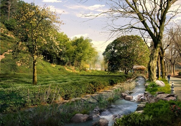 小溪边景观环境效果图图片