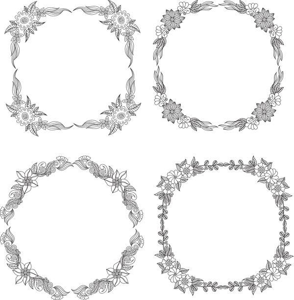 黑白花卉圆形装饰花边矢量素材