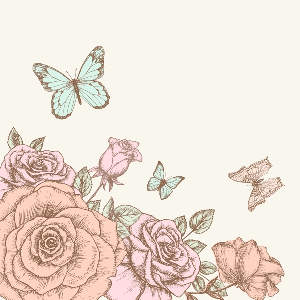 手绘玫瑰与蝴蝶设计矢量素材