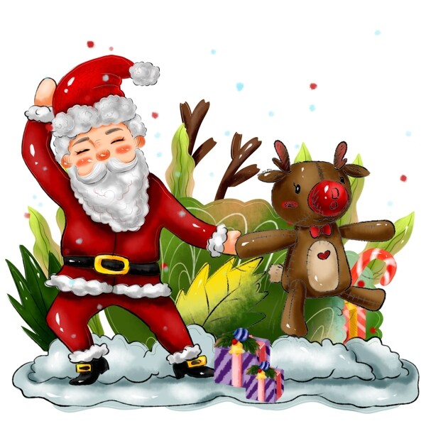 商用手绘圣诞节日圣诞老人驯鹿植物人物元素