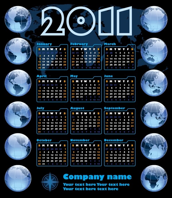 2011新年背景日历模板矢量素材