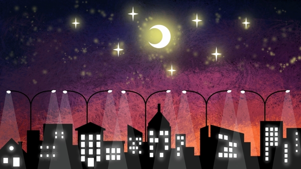 线圈插画星空月亮背景场景渐变午夜之城