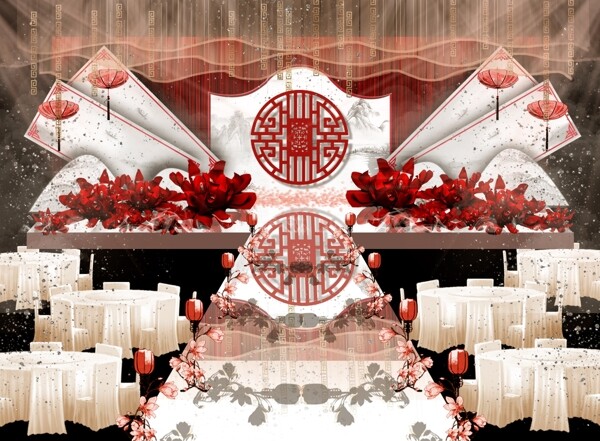 红色新中式红花大理石镂空婚礼效果图